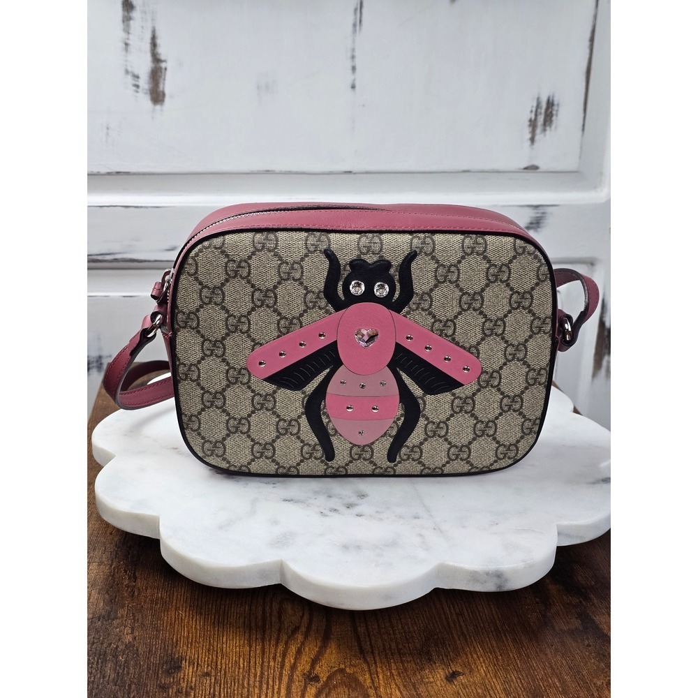 Gucci GG Supreme Pink Crystal Bee Camera Bag Crossbody